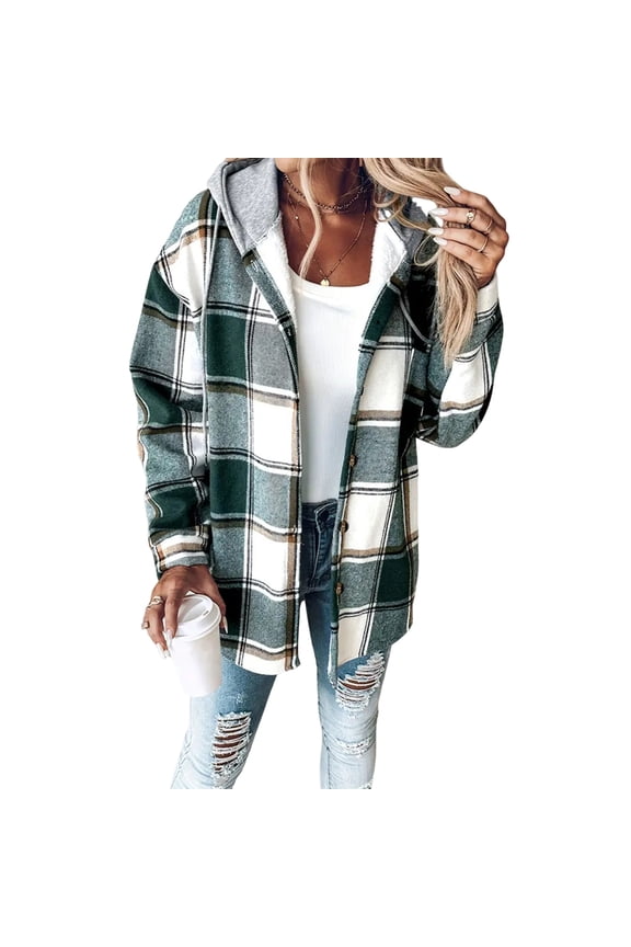 Shackets for Women Plaid Long Sleeve Shackets Hooded Fleece Lined Shacket Jacket Flannel Casual Coats Winter Christmas Jackets with Pockets Clearance Green XL