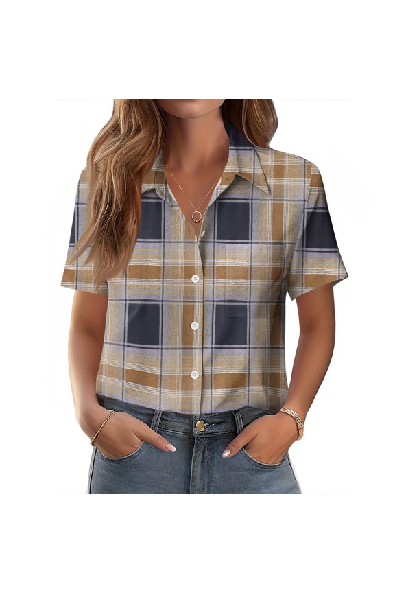 Shirts for Women Button Down Short Sleeve Shirts Casual Dressy Business Top Work Summer Spring Solid Color V Neck Tops Khaki L