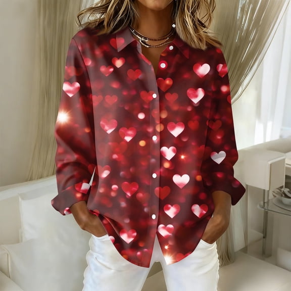 Dwralegc Shirts for Women Long Sleeve Lapel Collar Blouses Lightweight Casual Heart Print Clothes Loose Plus Size Holiday Shirts Wine 3XL