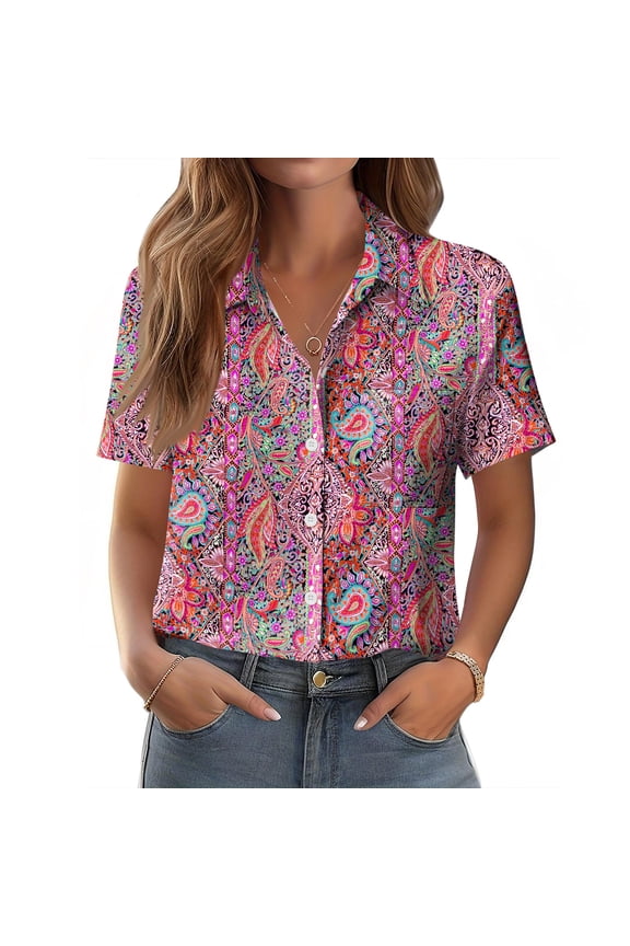 Shirts for Women Short Sleeve V Neck Shirts Business Dressy Work Clothes Casual Solid Color Summer Spring Button Down Blouses Pink XL