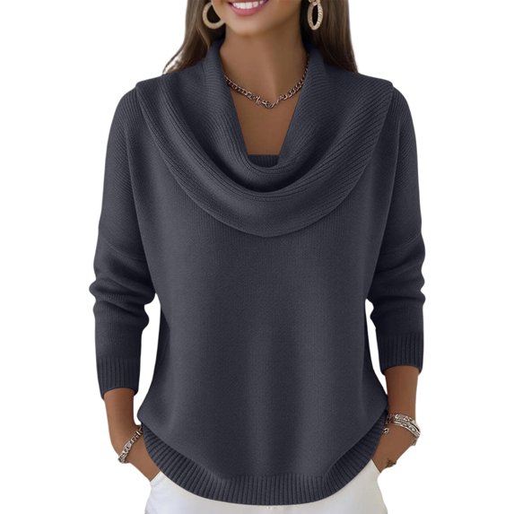 Dwralegc Sweaters for Women 2025 Lightweight Solid Color Cowl Neck Knitted Pullover Jumper Blouses Long Sleeve Cozy Fall Winter Sweaters Dark Gray M