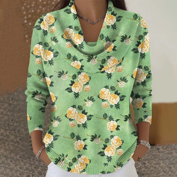 Dwralegc Sweaters for Women 2025 Loose Printed Scrub Cowl Neck Knit Clothes Long Sleeve Tops Jumper Casual Autumn and Winter Sweater Green 2XL