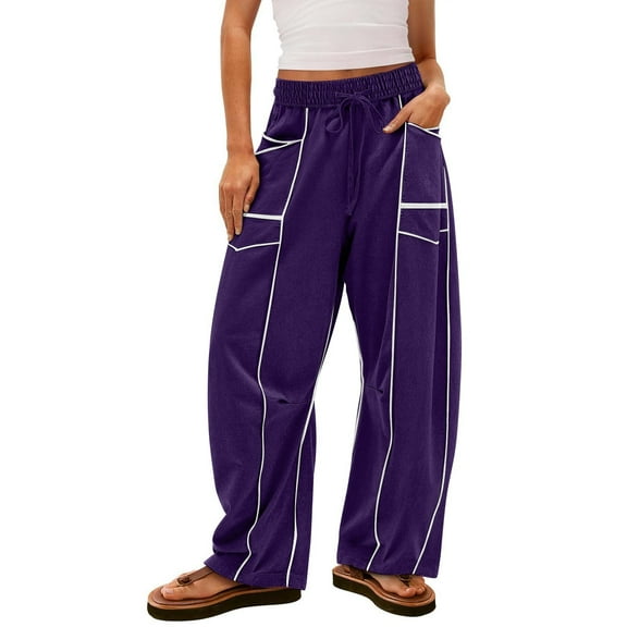 Dwralegc Sweatpants Women Wide Leg High Waisted Pants Baggy Color Block Lounge Pants Casual Drawstring Beach Trouser with Pockets Dark Purple XL