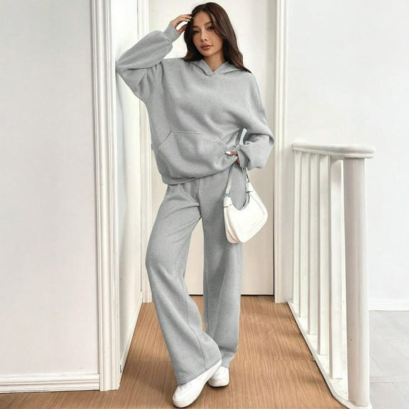 Dwralegc Sweatsuits 2pcs Sets Womens Fleece Long Sleeve Hoodies Relaxed Fit Drawstring Wide Leg Sweatpants Sport Loose Fall Winter Sweatsuit Tracksuit with Pockets Gray L