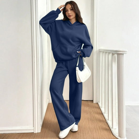 Dwralegc Sweatsuits 2pcs Sets Womens Fleece Long Sleeve Hoodies Relaxed Fit Wide Leg Drawstring Sweatpants Running Solid Color Fall Winter Sweatsuit Tracksuit with Pockets Navy XL