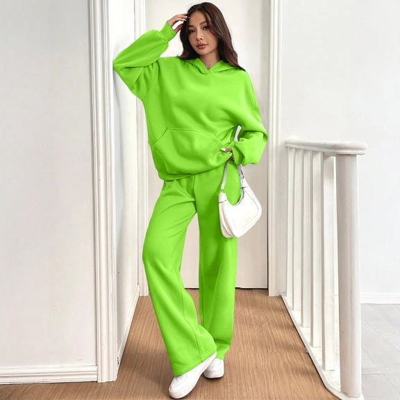 Dwralegc Sweatsuits 2pcs Sets Womens Fleece Long Sleeve Pullover Hoodies Loose Drawstring Wide Leg Sweatpants Sport Baggy Fall Winter Sweatsuit with Pockets Green XL