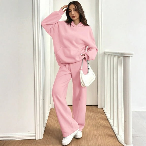 Dwralegc Sweatsuits Women 2 Piece Outfit Fleece Long Sleeve Hooded Sweatshirt Baggy Wide Leg Drawstring Sweatpants Sport Fashion Winter Sweatsuit with Pockets Pink L