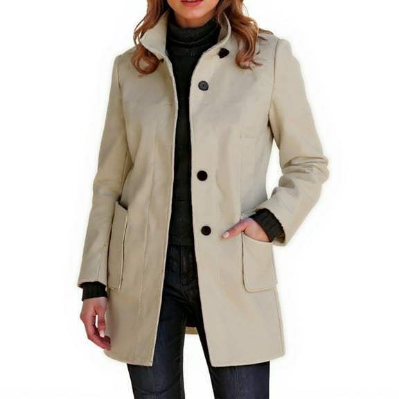 Dwralegc Trench Coat Jackets for Women Thicken Mid Long Outerwear Coat Stand Collar Single Breasted Wool Blend Jackets & Coats Casual Balck Overcoat with Pockets Clearance Beige XL