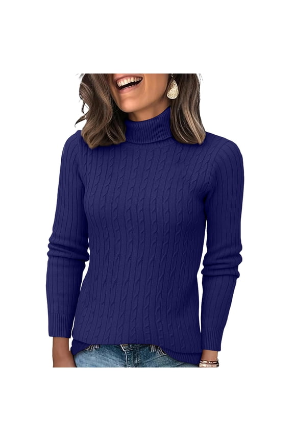 Turtleneck Sweater Women Wool Jumper Knit Sweater Pullover Casual Soft Hem Fall Winter Sweaters Navy M