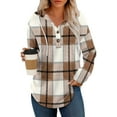thumbnail image 1 of Dwralegc V Neck Hoodies for Women Long Sleeve Comfort Button Hoodies Lightweight V Neck Plaid Pullover Tops Hooded Fall Plus Size Shirts Khaki S, 1 of 3