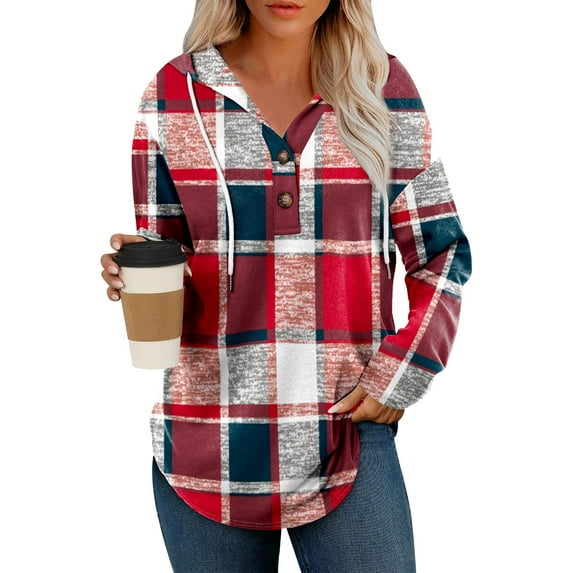 Dwralegc V Neck Hoodies for Women V Neck Trendy Button Down Sweatshirts Casual Long Sleeve Plaid Tops Cute Autumn Loose Fit Outfits Red L