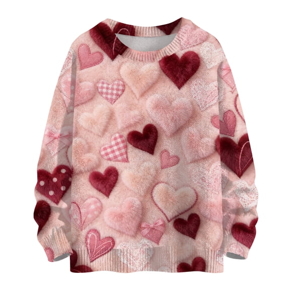 Dwralegc Valentine Clothes for Women Heart Graphic Casual Sweaters Crew Neck Knitted Cute Valentine Lightweight Pullover Pink S