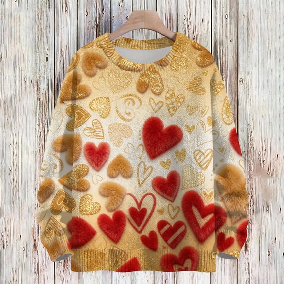 Dwralegc Valentine Clothes for Women Heart Print Casual Sweater Knitted Long Sleeve Fashion Spring Cute Pullover Tops Gold XL