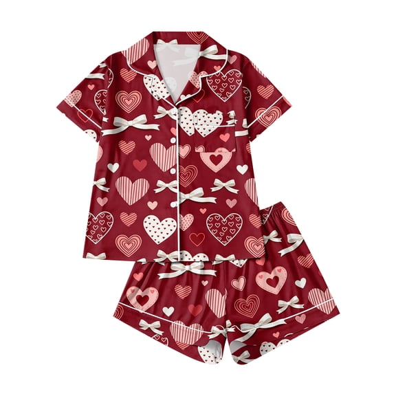 Dwralegc Valentine's Pajamas Set for Women Heart Printed Lapel Button Down Short Sleeve Pajamas and Shorts Sleepwear Cute Comfy Pajama Set Deep Red XL
