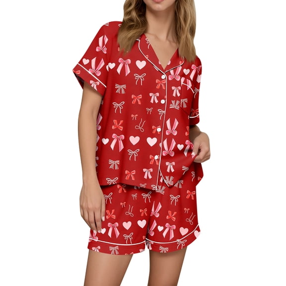 Dwralegc Valentine's Pajamas Set for Women Heart Printed Lapel Short Sleeve Button Down Pajama Set Sleepwear Comfy Loose Fit Pajamas and Shorts Deep Red S