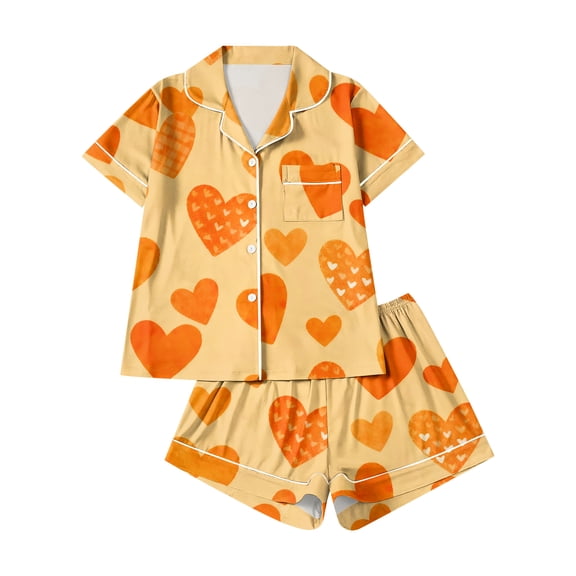 Dwralegc Valentine's Pajamas Set for Women Heart Printed Short Sleeve Button Down Lapel 2 Piece Pjs Sets Sleepwear Cute Romantic Pajamas and Shorts Orange L