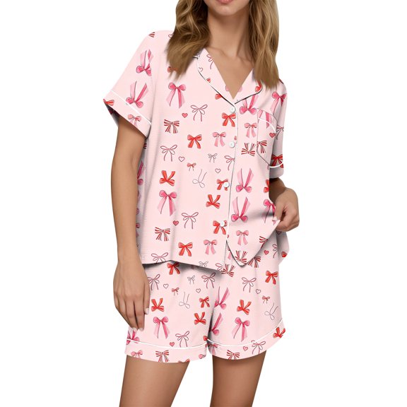 Dwralegc Valentine's Pajamas Set for Women Love Heart Print Short Sleeve Lapel Button Down 2 Piece Pjs Shorts Set Romantic Cute Sleepwear Pajama Set Watermelon Red S