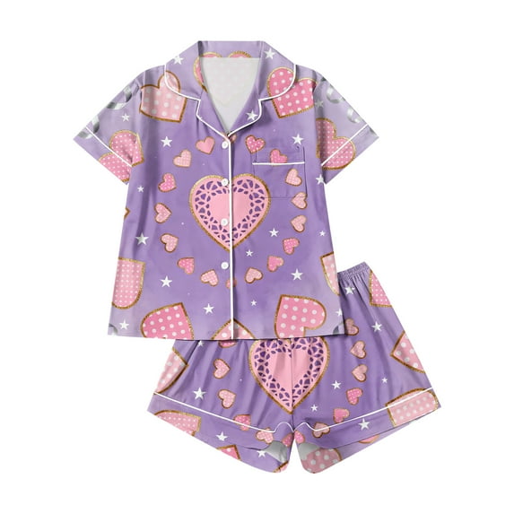 Dwralegc Valentines Pajamas for Women Heart Printed Button Down Short Sleeve Lapel 2 Piece Pjs Sets Loungewear Sleepwear Comfy Pajamas and Shorts Light Purple S