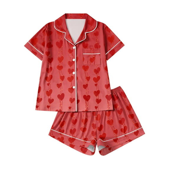 Dwralegc Valentines Pajamas for Women Love Heart Print Short Sleeve Lapel Button Down Pajamas and Shorts Comfy Sleepwear Cute Pajama Set Watermelon Red 2XL