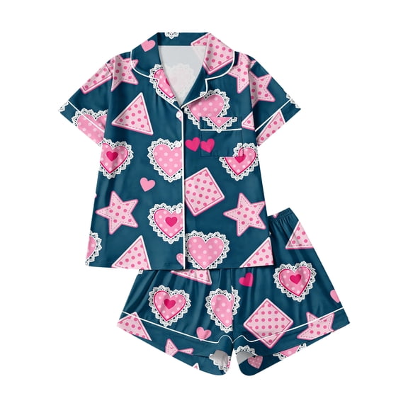 Dwralegc Valentines Pajamas for Women Set Heart Printed Button Down Short Sleeve Lapel Pajamas and Shorts Sleepwear Cute Loungewear 2 Piece Pjs Sets Blue S