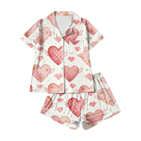 Dwralegc Valentines Pajamas for Women Set Love Heart Print Short Sleeve Button Down Lapel 2 Piece Pjs Sets Loungewear Cute Sleepwear 2 Piece Pjs Shorts Set Light pink XL