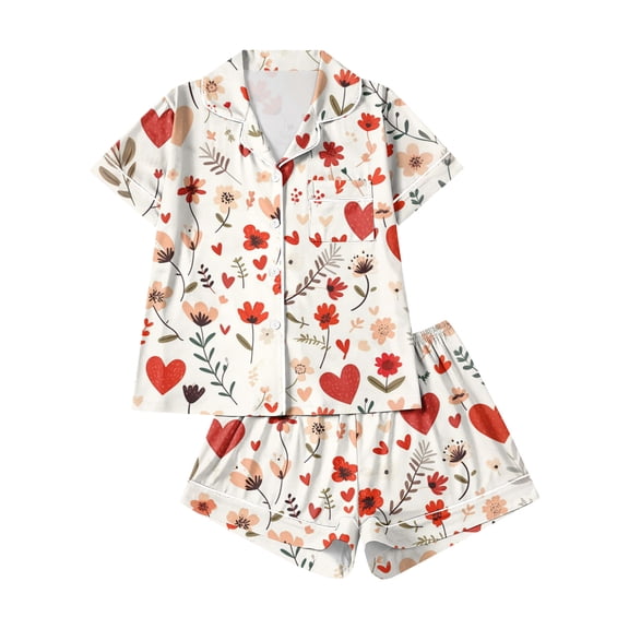 Dwralegc Valentines Pajamas for Women Heart Printed Lapel Button Down Short Sleeve 2 Piece Pjs Sets Loose Fit Cute Comfy Pajamas and Shorts Beige 2XL