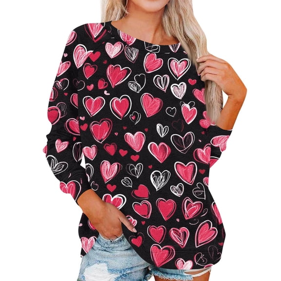 Dwralegc Valentines Shirts for Women Long Sleeve Oversized Crew Neck Casual Top 2026 Plus Size Tshirts Heart Graphic Tunic Blouses Black S
