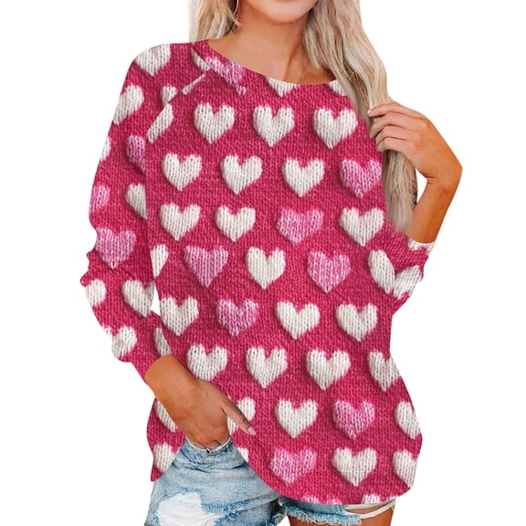 Dwralegc Valentines Shirts for Women Long Sleeve Tunic Crew Neck Lightweight Top Valentine Casual Blouses Heart Print Oversized Tees Hot Pink XL