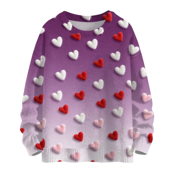 Dwralegc Valentines Sweater for Women Heart Graphic Cute Sweaters Knitted Long Sleeve Plus Size Spring Lightweight Pullover Sweatershirt Light Purple L