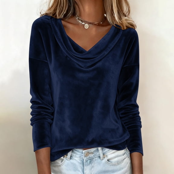 Dwralegc Velvet Tops for Women Elegant Long Sleeve Cowl Neck Shirts Fall Winter Slim Fit Dressy Clothes Shirt Casual Trendy Blouses Navy M