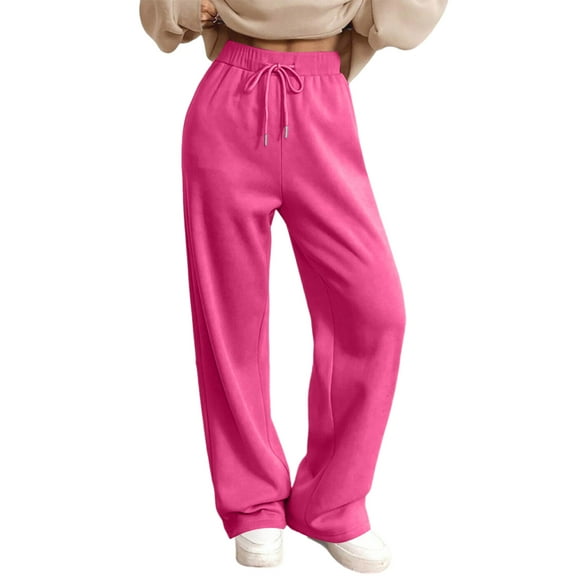 Dwralegc Wide Leg Sweatpants Women Fleece Lined Winter Casual Drawstring Elastic Waist Pant Wide Leg Warm Loose Sweatpants with Pockets Hot Pink M