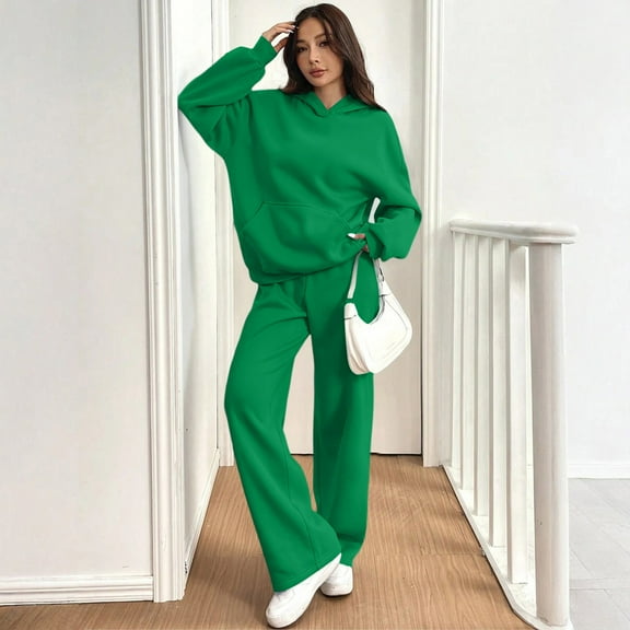 Dwralegc Women 2 Piece Outfits 2025 Fleece Long Sleeve Hoodies Lounge Wide Leg Drawstring Sweatpants Running Fashion Winter Tracksuit with Pockets Army Green S