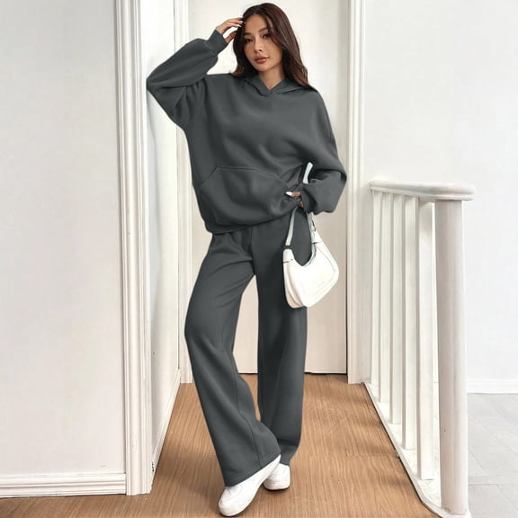 Dwralegc Women 2 Piece Outfits 2025 Fleece Long Sleeve Hoodies Solid Color Drawstring Wide Leg Sweatpants Athletic Relaxed Fit Winter Sweatsuit Tracksuit with Pockets Dark Gray S