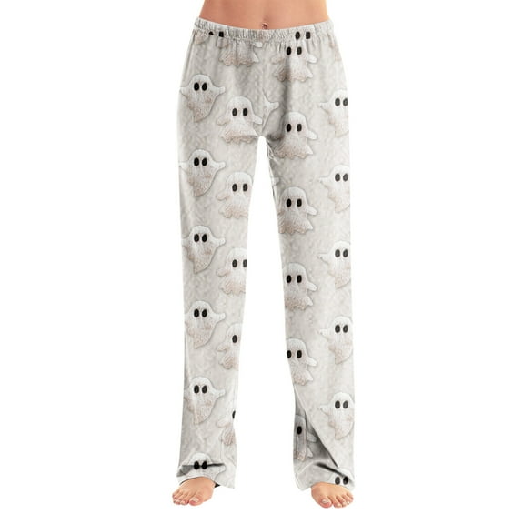 Dwralegc Women Halloween Pajama Pants Long Bottoms Casual Pajamas Pants Elastic Waist Cute Halloween Printed Fuzzy Sleepwear Light Gray L