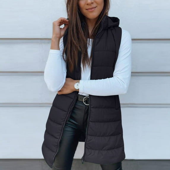 Dwralegc Women Long Vest Fashion Trendy Outfits Zip Up Sleeveless Fall Winter Puffy Hooded Vest Quilted Solid Color Long Coat with Pockets Black M