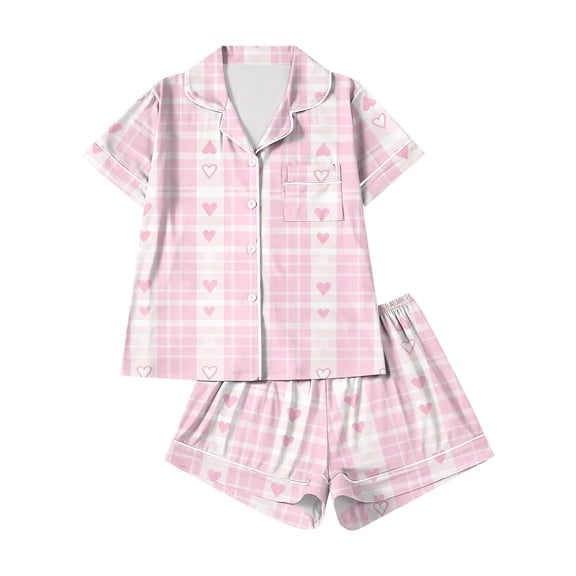 Dwralegc Women Valentines Pajama Sets Love Heart Print Button Down Lapel Short Sleeve 2 Piece Pjs Shorts Set Sleepwear Cute Romantic 2 Piece Pjs Sets Light pink L
