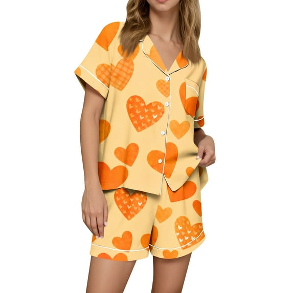 Dwralegc Women Valentines Pajama Sets Love Heart Print Short Sleeve Button Down Lapel 2 Piece Pjs Shorts Set Sleepwear Loungewear Loose Fit Pajamas and Shorts Orange L