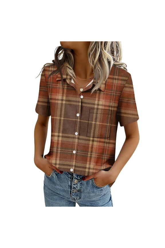 Women's Clothing Button Down Short Sleeve Shirts Business Work Dressy Top Casual Solid Color Summer Spring V Neck Tops Light Brown 2XL