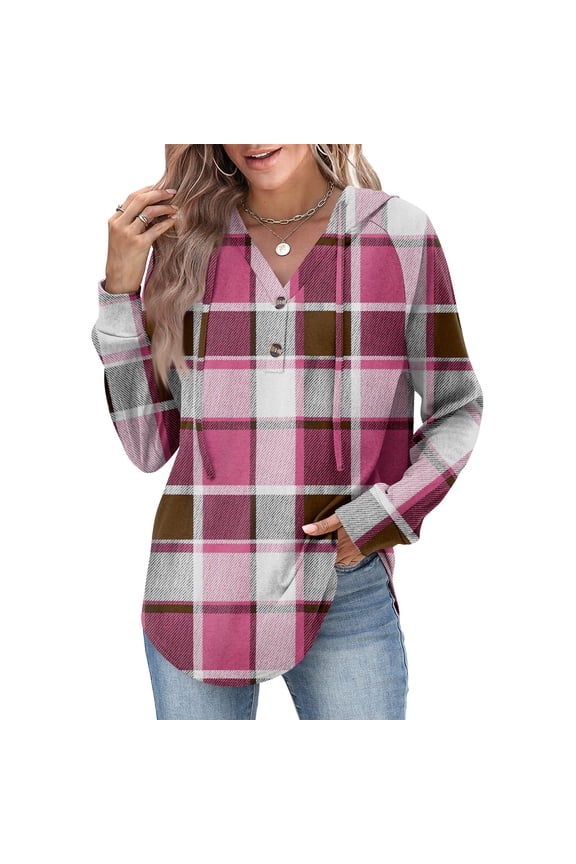 Women's Fashion Hoodies & Sweatshirts Plaid Lightweight Button Down Sweatshirts Loose Fit V Neck Long Sleeve Shirts Retro Autumn Hooded Clothes Hot Pink L