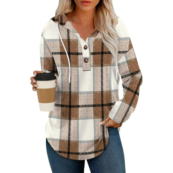 Dwralegc Women's Fashion Hoodies & Sweatshirts V Neck Trendy Button Down Hoodie Plus Size Long Sleeve Plaid Outfits Lightweight Fall Comfort Pullover Tops Khaki 2XL