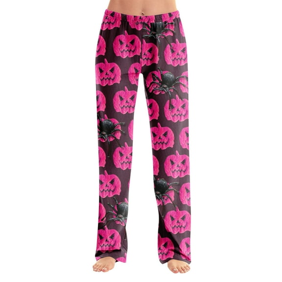 Dwralegc Women's Halloween Pajama Pants Long Bottoms Casual Pajamas Pants Elastic Waist Cute Halloween Printed Fuzzy Sleepwear Wine L