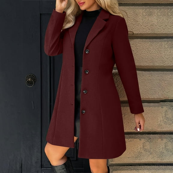 Dwralegc Women's Mid-Long Pea Coats Plus Size Stand Collar Wool Blend Coat Mid Long Trench Casual Jackets & Coats Outerwear Balck Overcoat with Pockets Wine M