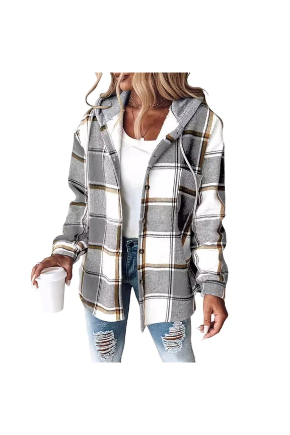 Fleece Jacket Women Plaid Long Sleeve Shackets Fleece Lined Hooded Shacket Jackets Flannel Warm Coats Christmas Winter Jacket with Hood Clearance Light Gray 2XL