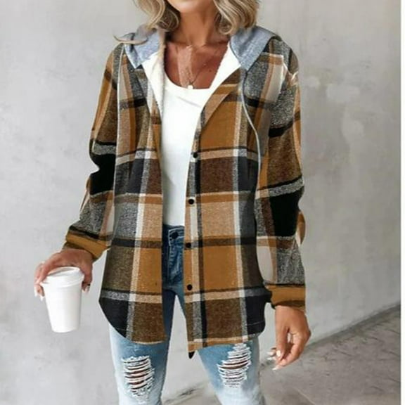 Dwralegc Women's Plaid Jackets Hooded Flannel Shackets Plaid Fleece Lined Shacket Jacket Long Sleeve Lightweight Coat Winter Christmas Jackets with Pockets Clearance Coffee M