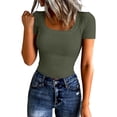thumbnail image 1 of Dwralegc Women's Short Sleeve Square Neck Tops Ribbed Knit Square Neck Basic Loose Tee Tshirt Casual Fall Blouse Slim Fitted Clothes Army Green XL, 1 of 4
