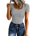 thumbnail image 1 of Dwralegc Women's Short Sleeve Square Neck Tops Solid Square Neck Basic Slim Fit Clothes Casual Fall T Shirt Fashion Blouse Light Gray M, 1 of 4