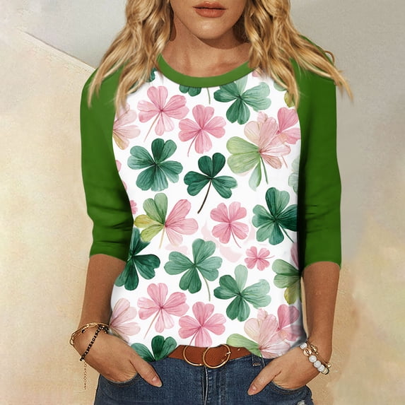 Dwralegc Women's St Patrick's Day Shirts 2026 Cute Fashion 3/4 Sleeve Four Leaf Clover Print Irish Clover Graphic Shirts Round Neck Casual Saint Patrick's Loose Fit Tunic Tops Blouses Army Green XL