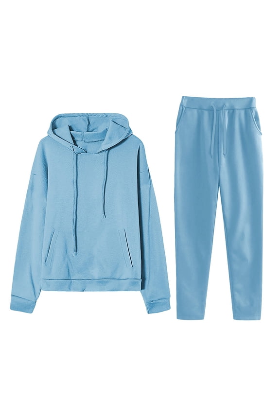 Women's Tracksuits 2 Piece Set Solid Color Fleece Hoodie Joggers Running Pants Set Casual Fall Winter Suits with Pockets Light Blue L