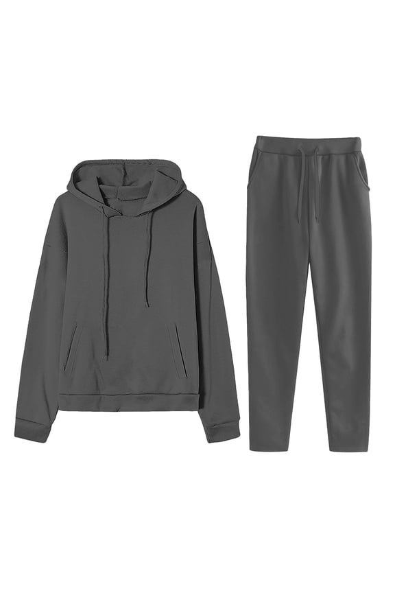 Women's Tracksuits 2 Piece Set Solid Color Relaxed Fit Hoodie Jogging Running Pants Set Fleece Fall Winter Suit with Pockets Dark Gray S