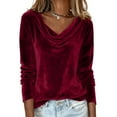 thumbnail image 1 of Dwralegc Women's Velvet Cowl Neck Tops Sparkly Cowl Neck Long Sleeve Shirt Fall Winter Slim Fit Elegant Pullover Shirts Casual Trendy Blouses Wine S, 1 of 1